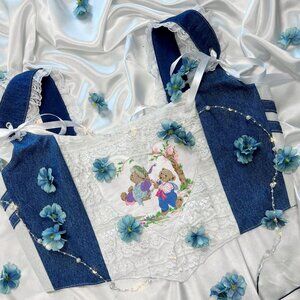Vintage Teddy Bear Denim Corset Top – Cottagecore Coquette Aesthetic